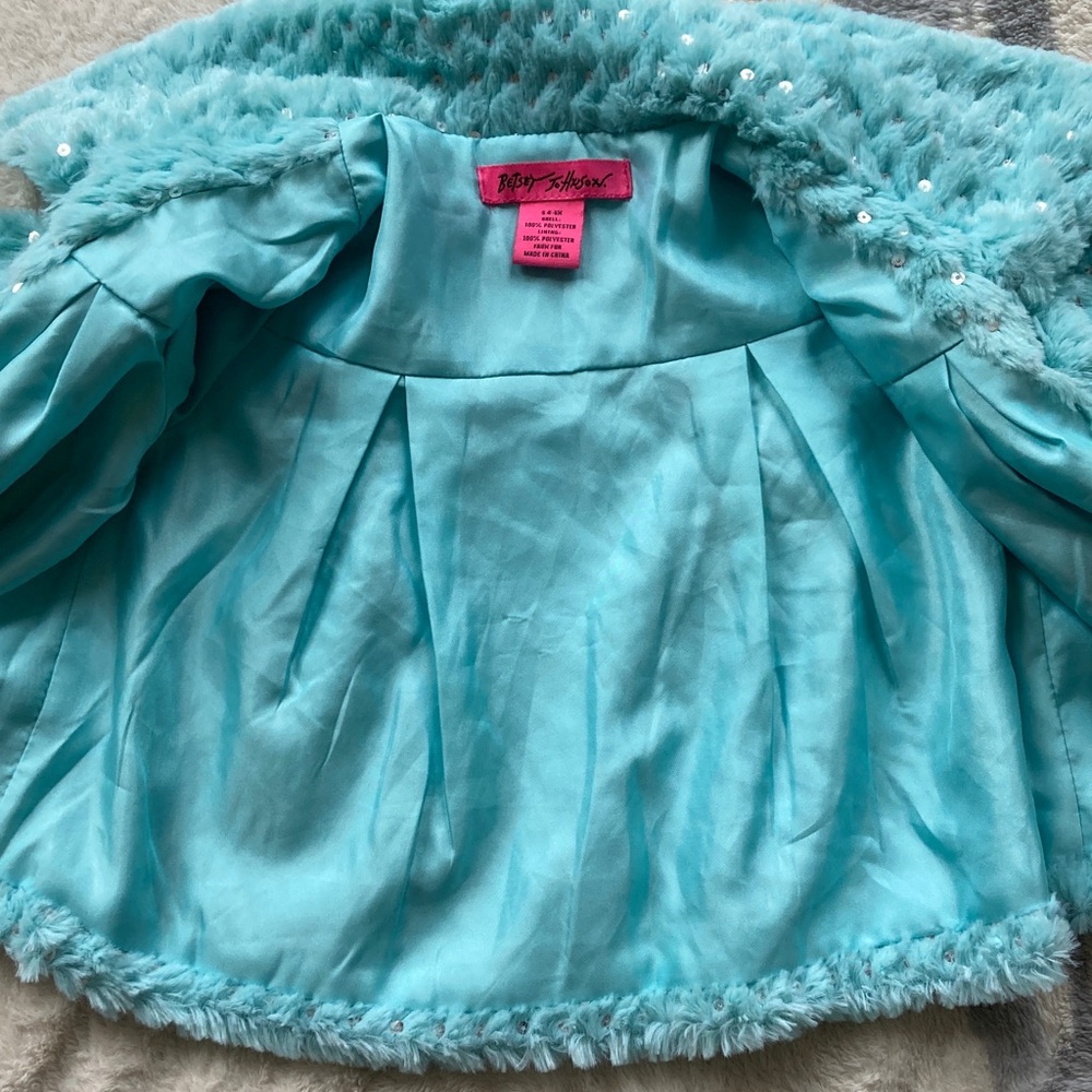 Betsey Johnson Light Blue/Aqua Faux Fur with Sequin Girls’ Cape Sz S(4-6 years) - Picture 7 of 10